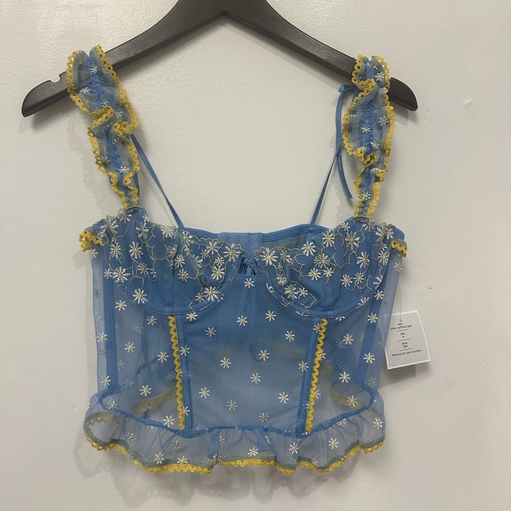 Urban Outfitters Blue Sheer Floral Embroidered Ruffle Tank Top with Yellow Trim